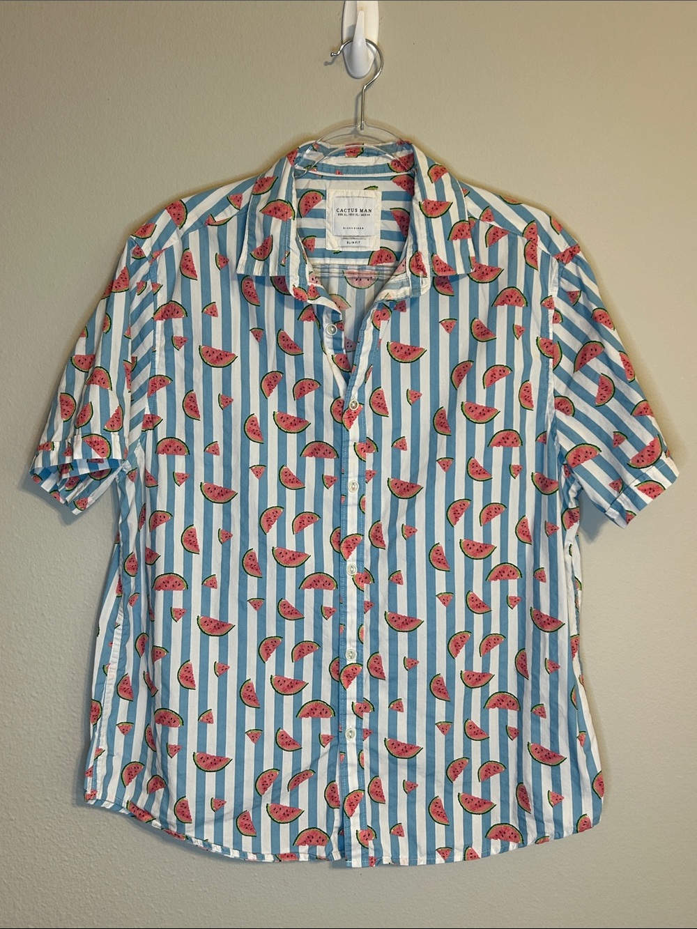 Cactus Man Watermelon Print Button‑Up Shirt Blue White Stripes 100% Cotton L